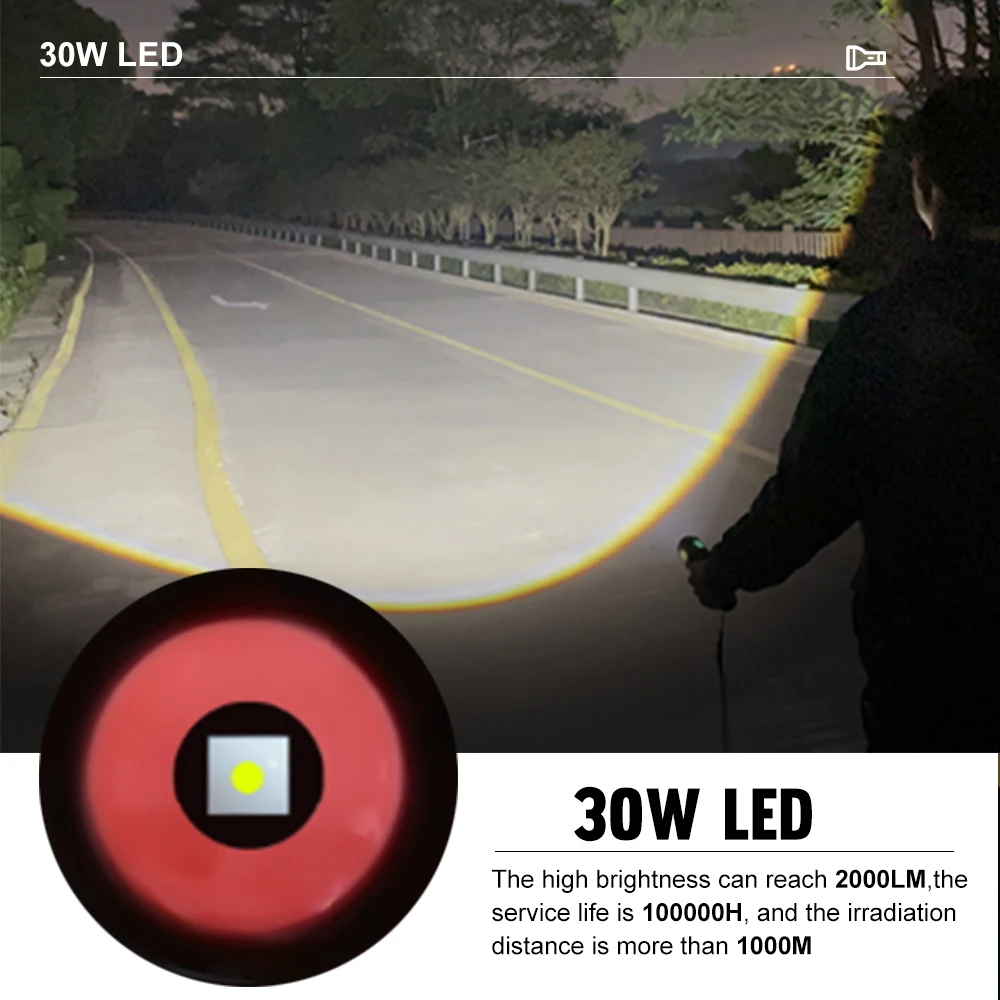 Asafee LED Flashlight 30W White Laser Hand Torch 5800LM Handlight IPX5 Waterproof USB Rechargeable Outdoor Light Lamp