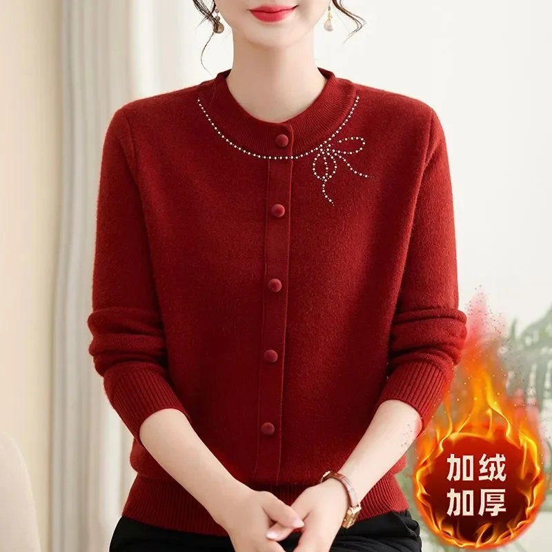 

Autumn Winter New Middle Aged Women's Plus velvet Sweater Pullover Fashion Long Sleeved Knitted Sweater Female Jumper Tops