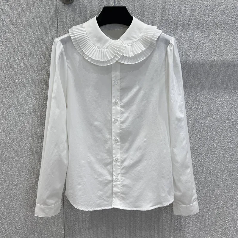Hoogwaardig gelaagd geplooid damesshirt met poppenkraag en lange mouwen met Franse elegantie en luxe 25102289