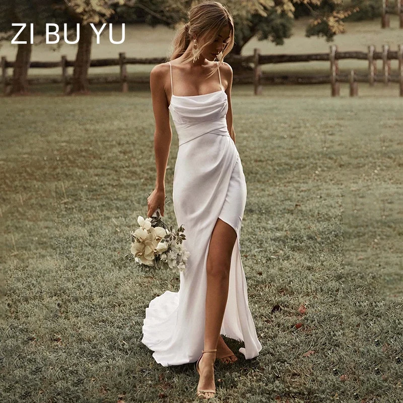 

ZIBUYU Customized Spaghetti Strap Cowl Neck High Slit Backless Wedding Dress 2025 Elegant Floor Length Stain Simple Bridal Gown