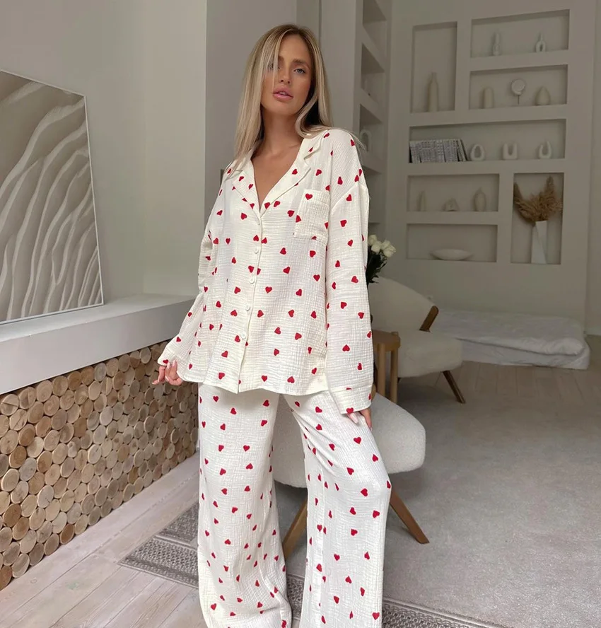 Women's Heart Print Pajama Set Long-Sleeve Lapel Chest Pocket Top And Pants Soft Cotton Fabric Loose Sleepwear Loungewear Pjs