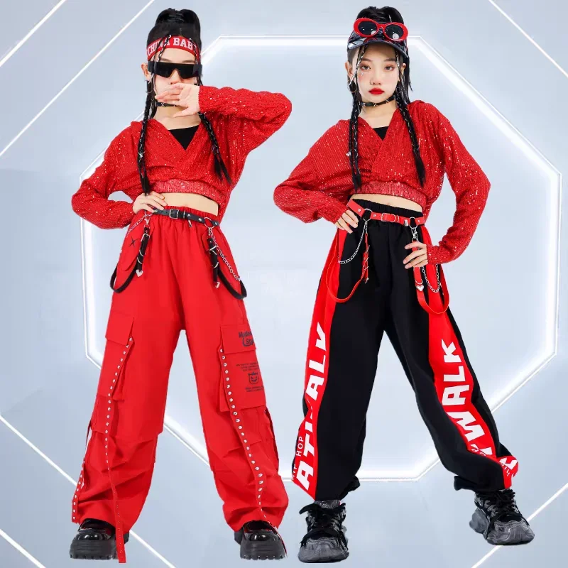 Crianças hip hop jazz calças conjuntos de roupas vermelhas crianças streetwear k-pop trajes meninas lantejoulas colheita hoodies saia de dança de rua