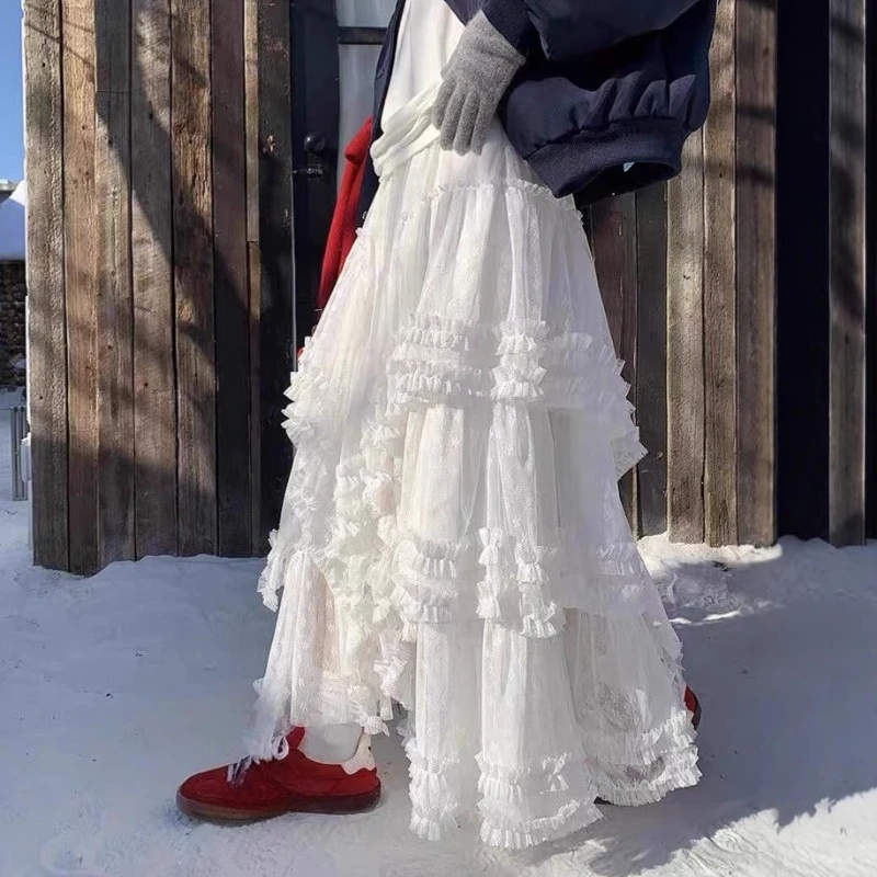 

Elegant Sweet Women Fairycore Tierred Lace Gauze Maxi Skirt Female 2026 New A-Line Princes Cake Dress Autumn Spring Y2K Punk