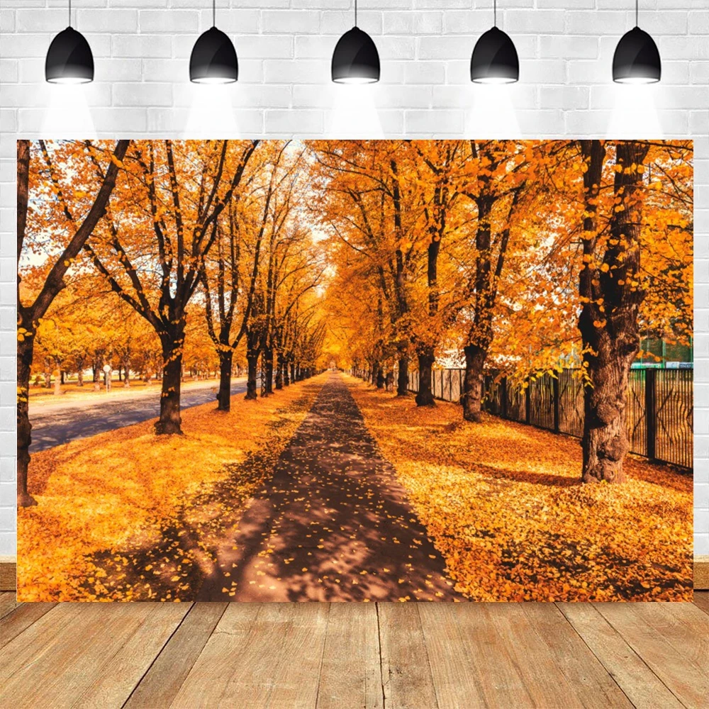 Autumn Forest Photography Backdrop Fall Golden Maple Leaves Road Landscape Wedding Baby Shower Party Portrait Photo Background