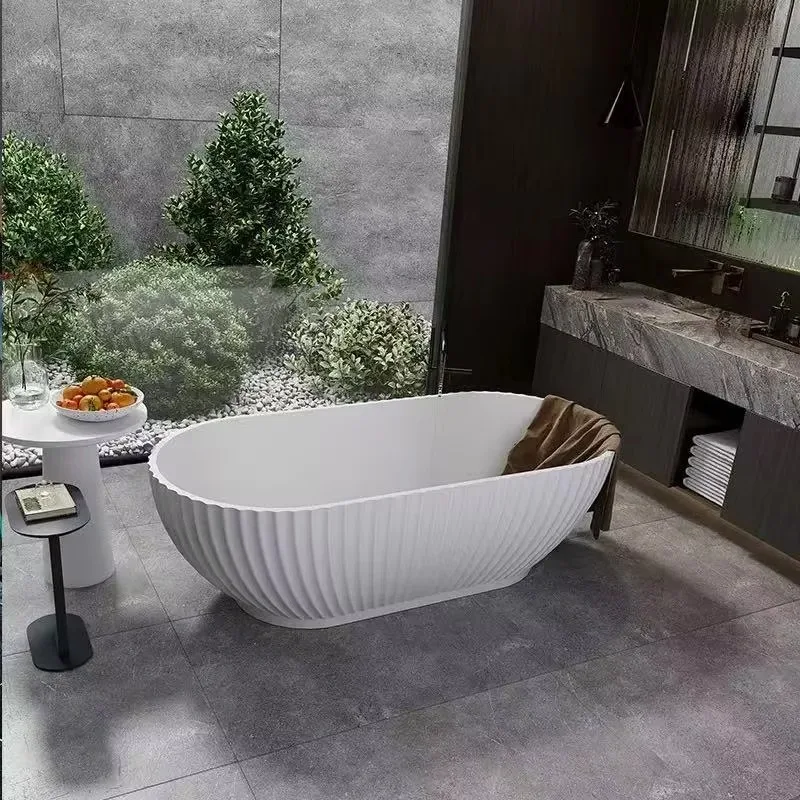 Modern 1-Person Oval Artificial Stone Freestanding Soaking Bath Tub Drainer Indoor Outdoor Villa Certified Hotel Use Massage