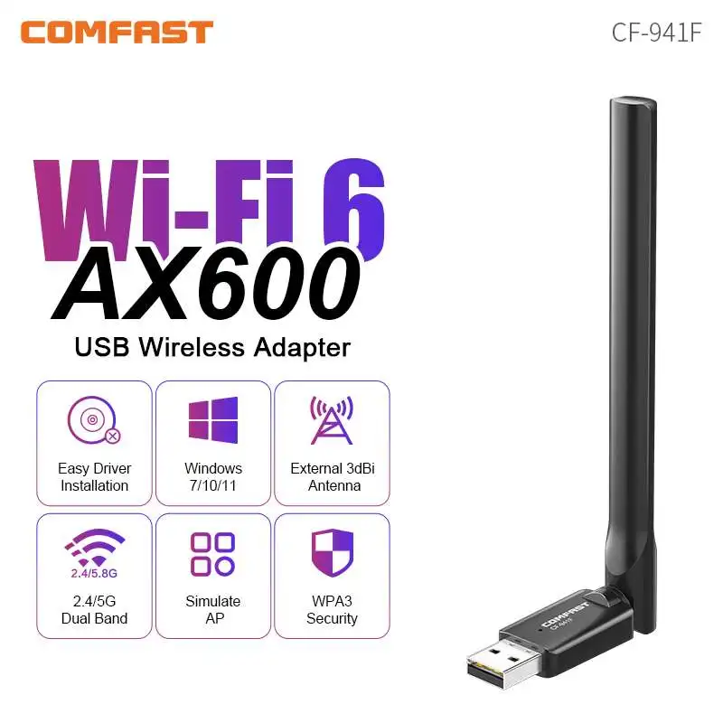 

COMFAST AX600 WiFi6 Адаптер 2,4G и 5G 572 Мбит/с Сетевая карта 802.11ax Драйвер Бесплатная 3dBi Антенна USB-ключ для Win 10/11 ПК Ноутбук
