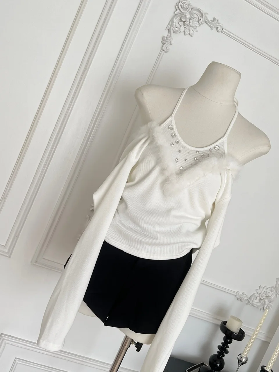 Moonlight White Sexy oulder Bared Long Sve Knitted Sweater Slim Fit Polyester Fiber Fake Two-Piece Ne Hanging Sle