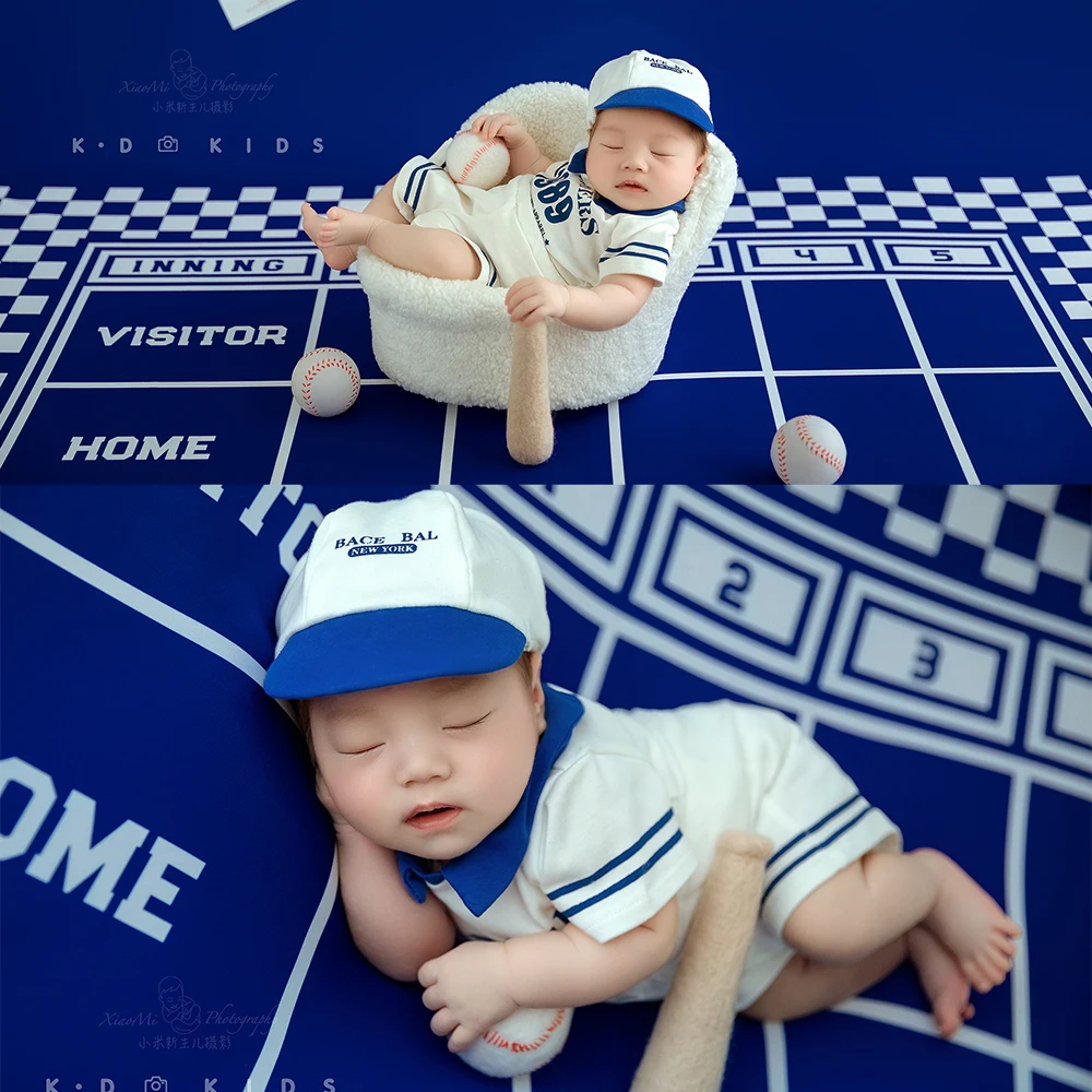 Newborn Boy Photoshoot Outfits Baseball Themes Sportswear Hat 3pcs/Set Felt Baseball Stick Vintage Poster Baby Photography Props