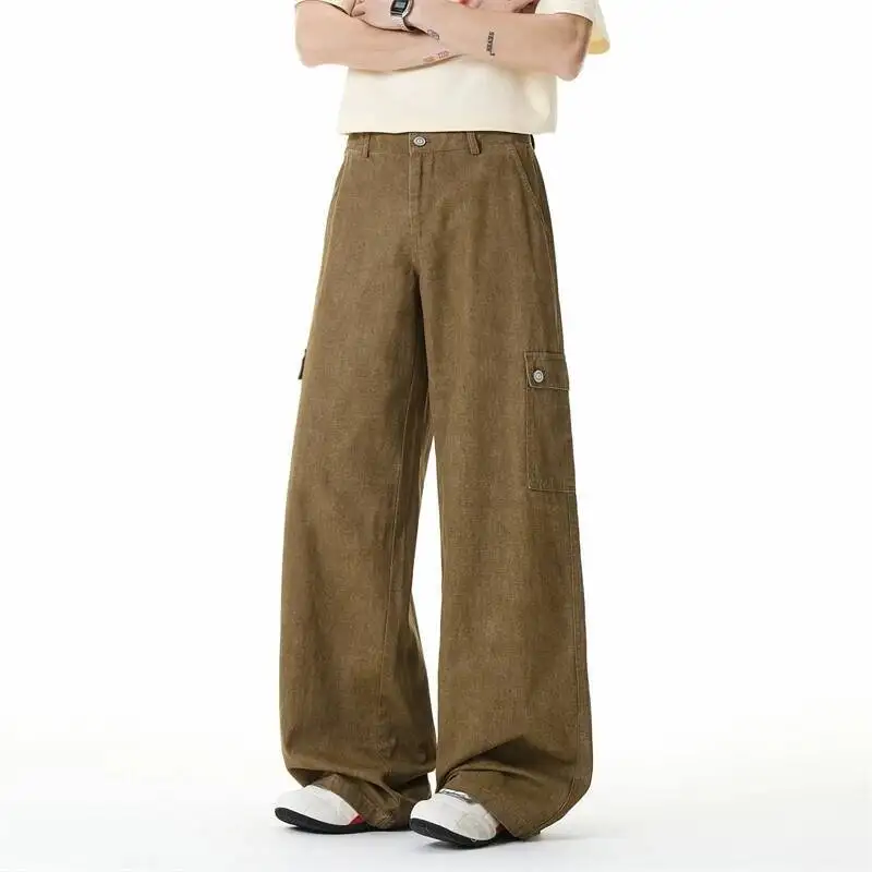 Men's Corduroy Cargo Pants Brown Multi Pocket Vintage Loose  American Retro Straight Loose Fit Casual Trousers