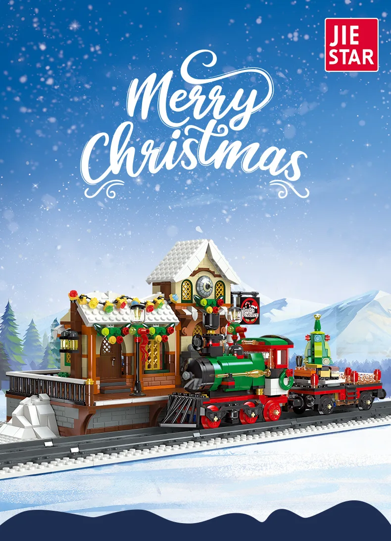 Bloques de construcción de tren de Navidad, juguete educativo de escena callejera, regalo de vacaciones de invierno para niños y niñas