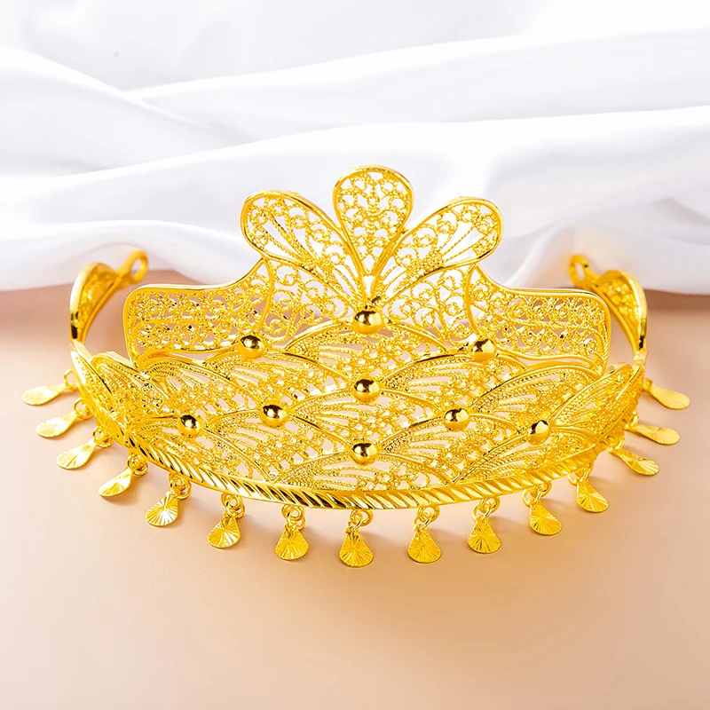 

Gold Plated Algerian Bride Crown Hollow Flower Ethnic Hair Jewelry Traditional Holiday Accessory for Women