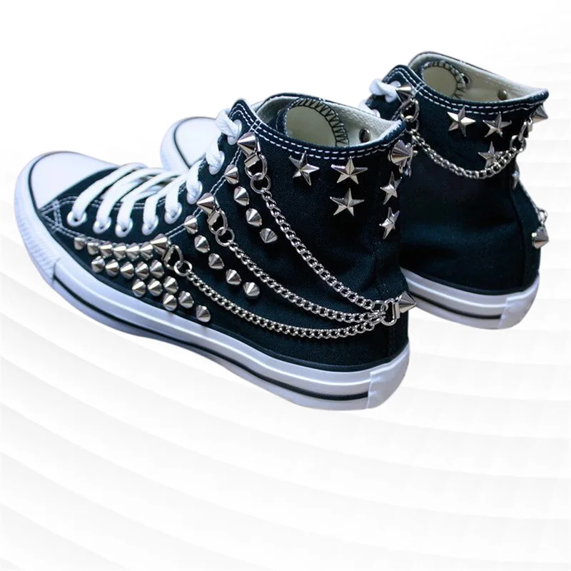 High-top belt chain sports rivet canvas shoes sequin comfortable walking shoes handmade rivets neutral vulcanized shoes 35-46