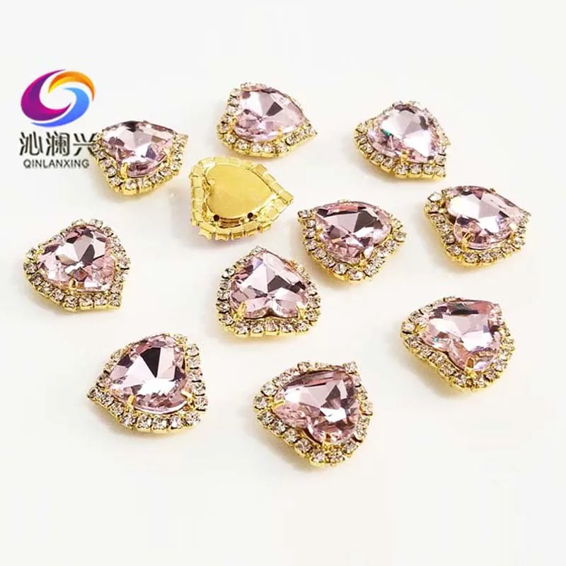 Heart Shape Pink Color Crystal Glass Rhinestones, Gold Bottom Sew on Buckle, Used for Needlework, DIY/Sewing Accessories