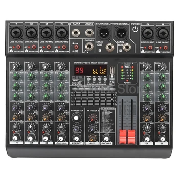 LXT6 99 Effect 7 Band EQ Audio Sound Mixer 6 Channel 2 Auxiliary Outputs Mixing Console with USB PC Recording Bluetooth AUX DJ