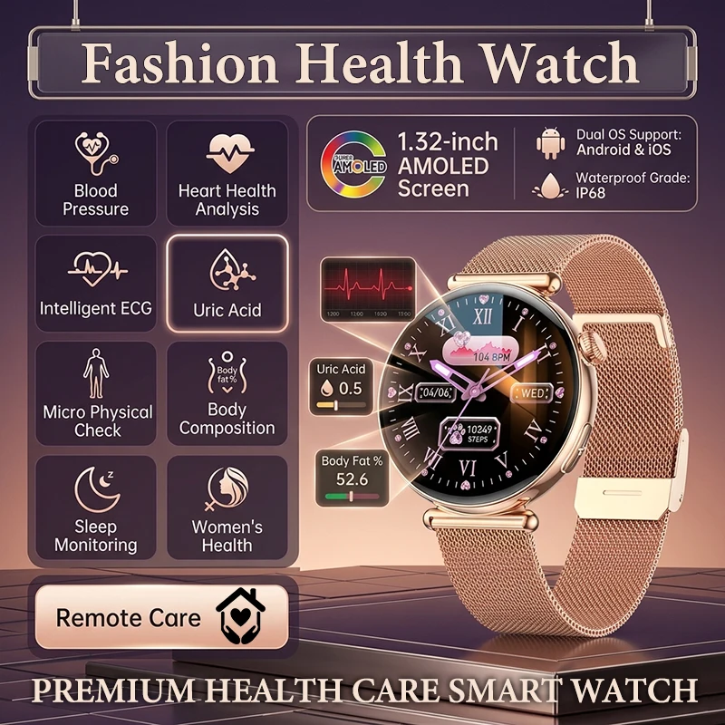 

2026 New Lady Fashion Smart Watch Micro Physical Examination 1.32" AMOLED Screen Heart Rate Bluetooth Call ECG Smart Watch Women