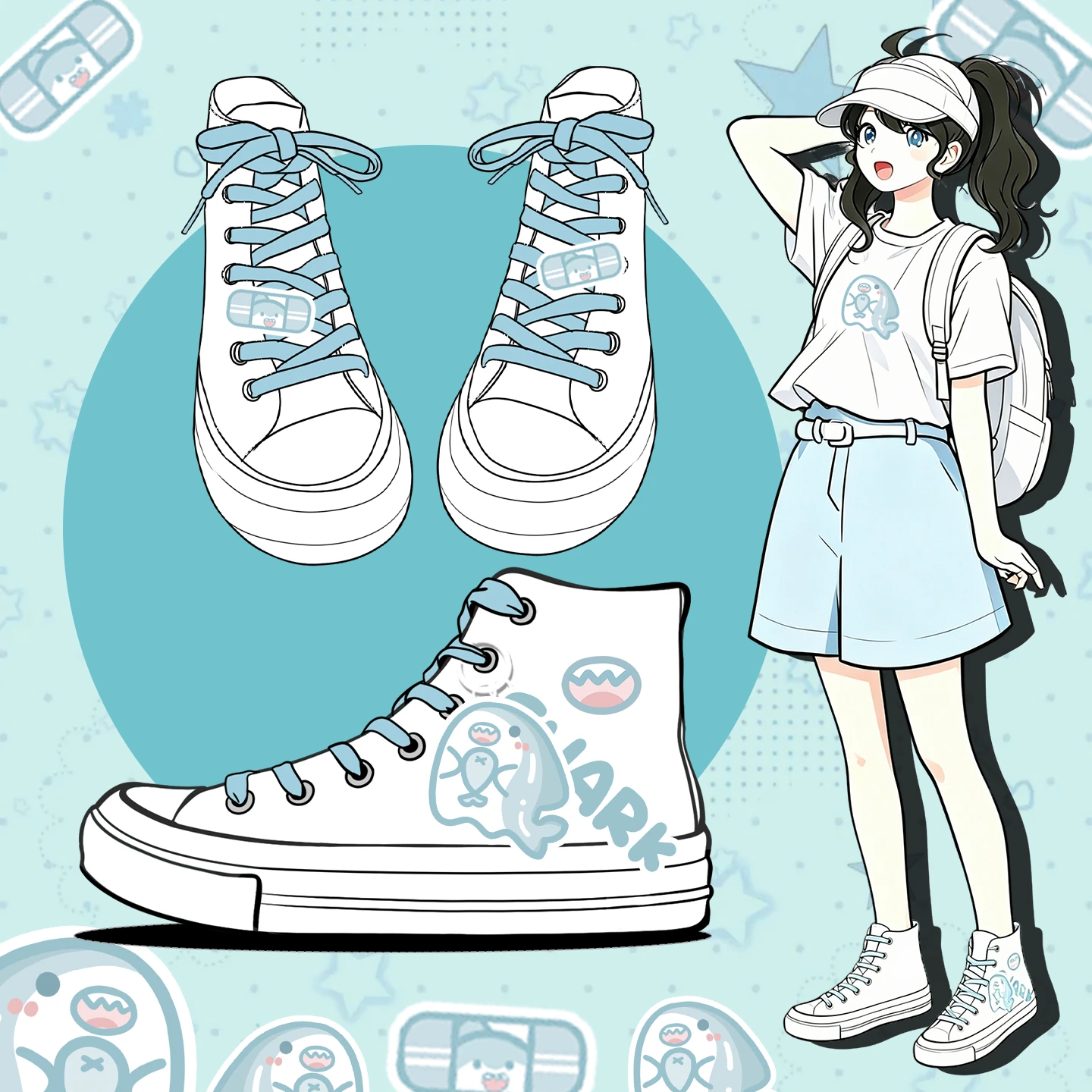 

Amy and Michael Cute Women's Shark Canvas Shoes High Top White Casual Sneakers Girls Students Breathable Vulcanized Shoes