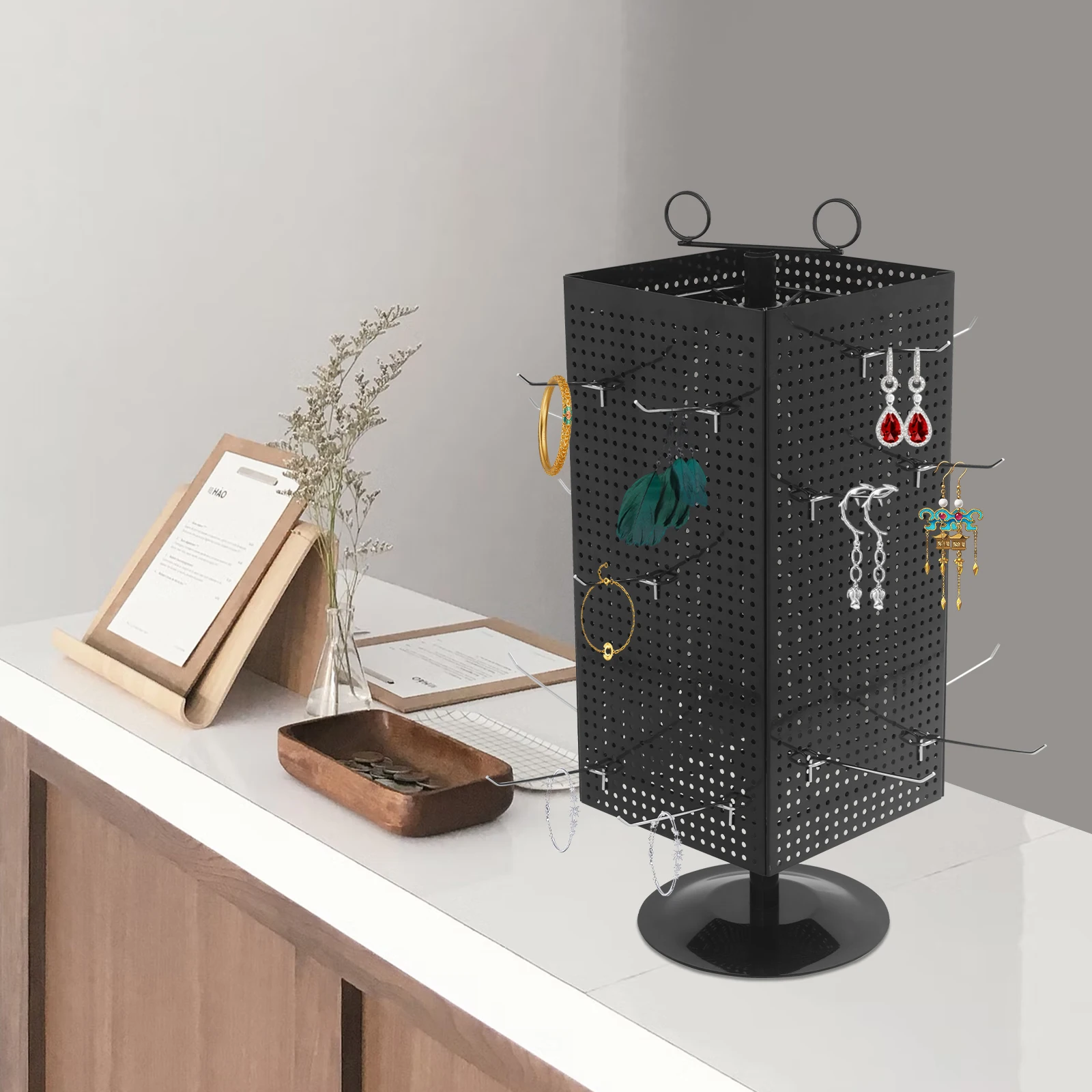 4 Sided Rotating Perforated Display Stand with Hooks Countertop Spinner Rack for Retail Stores Keychains Jewelry Tools Black