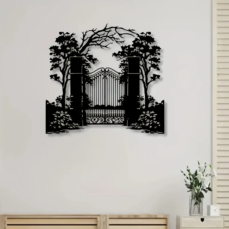 Rural garden gate metal wall art -  Black outline 1PC