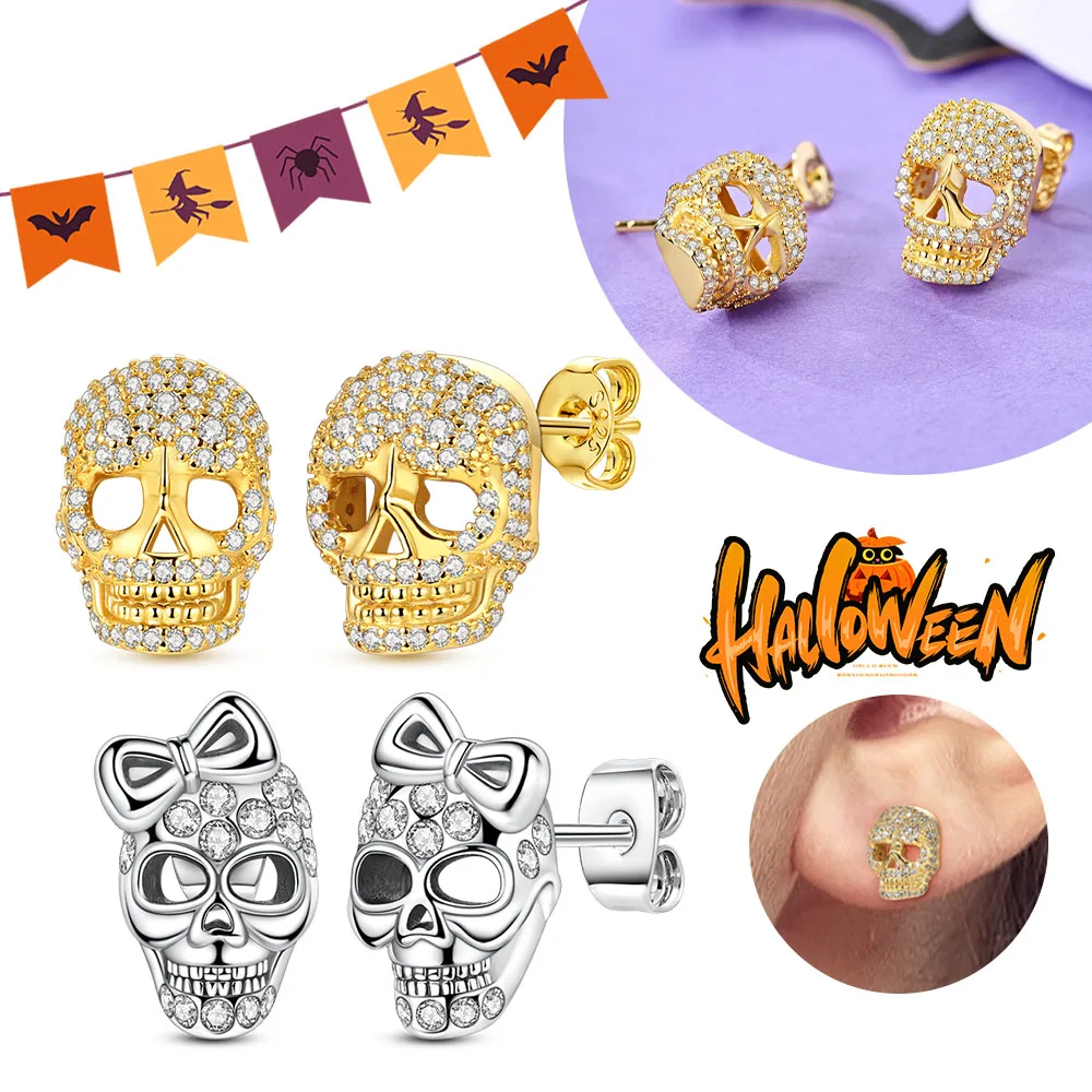 

Halloween Party Earrings Skull Ear Nails 925 Sterling Silver Earrings for Women Punk Men's Earrings Fit Women Party Jewelry Gift