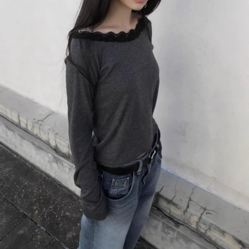 Spitzenästhetik Vintage-Print T-Shirts Lässiges Gothic Y2K Langarm Hot Girl Hip Hop Punk Top 2026 Frühling Sommer Streetwear T-Shirt