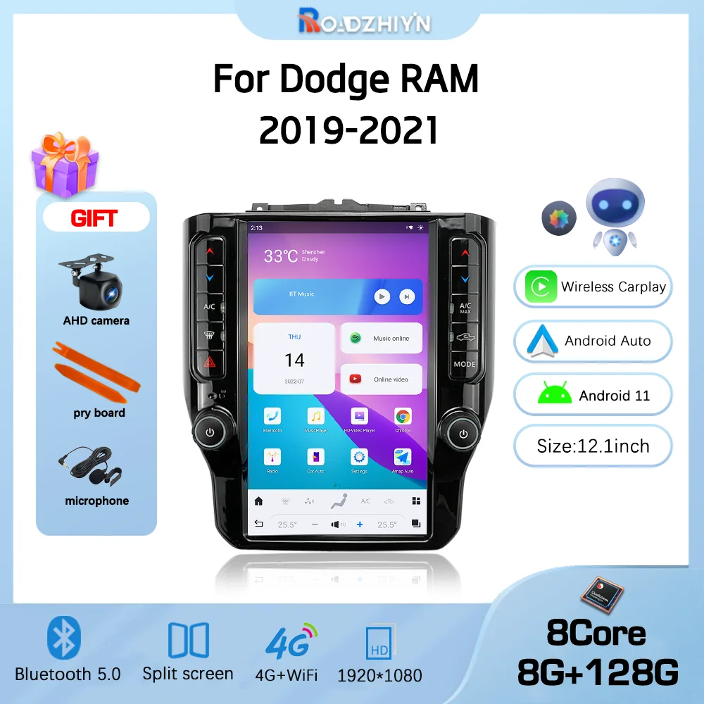 

Автомобильный радиоприемник с экраном 12,1 дюйма Тесла для Dodge Ram 2019 2020 2021 Android11 GPS-навигация мультимедийный видеопроигрыватель 4G 8 + 128G Хост