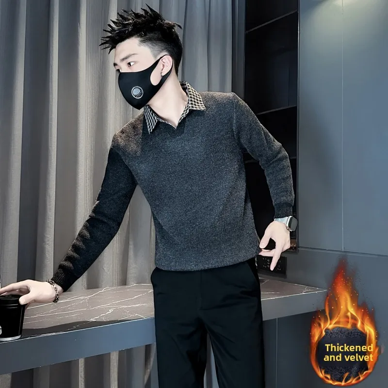 

Men's irt Collar Fce Lined Inteated Velvet Warm Knitted Sweater Inner Wear Winter Faionable Youth Long Sve Top