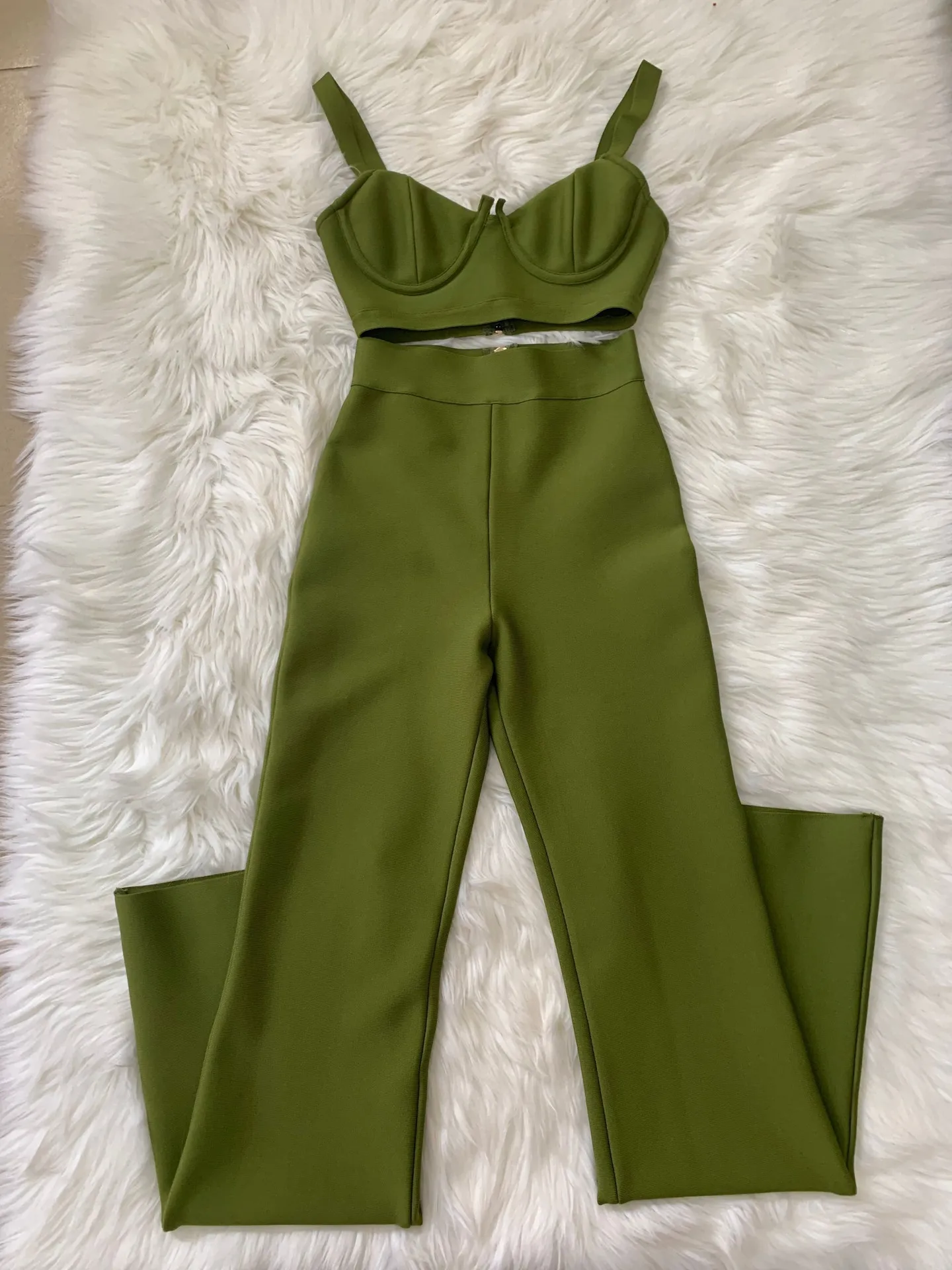 Conjunto de 2 piezas de venta de fábrica, traje de vendaje para mujer, Top corto con corpiño y pantalones largos acampanados, trajes de fiesta para Club de calle alta