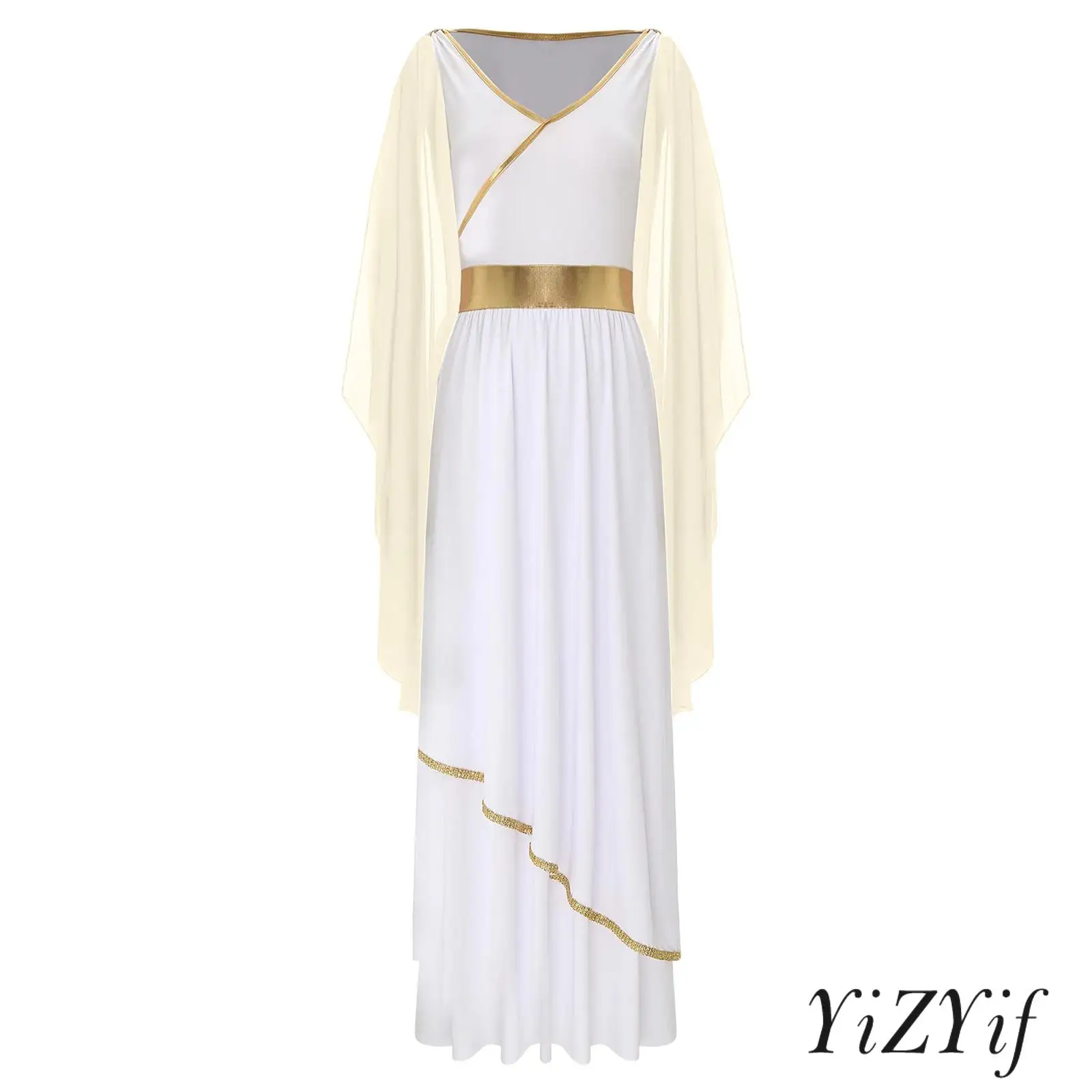 

Fashion Ancient Greek Toga Dress for Women Sleeveless V Neck Gold Trim Halloween Costume Roman Empress Cosplay Party Outfit