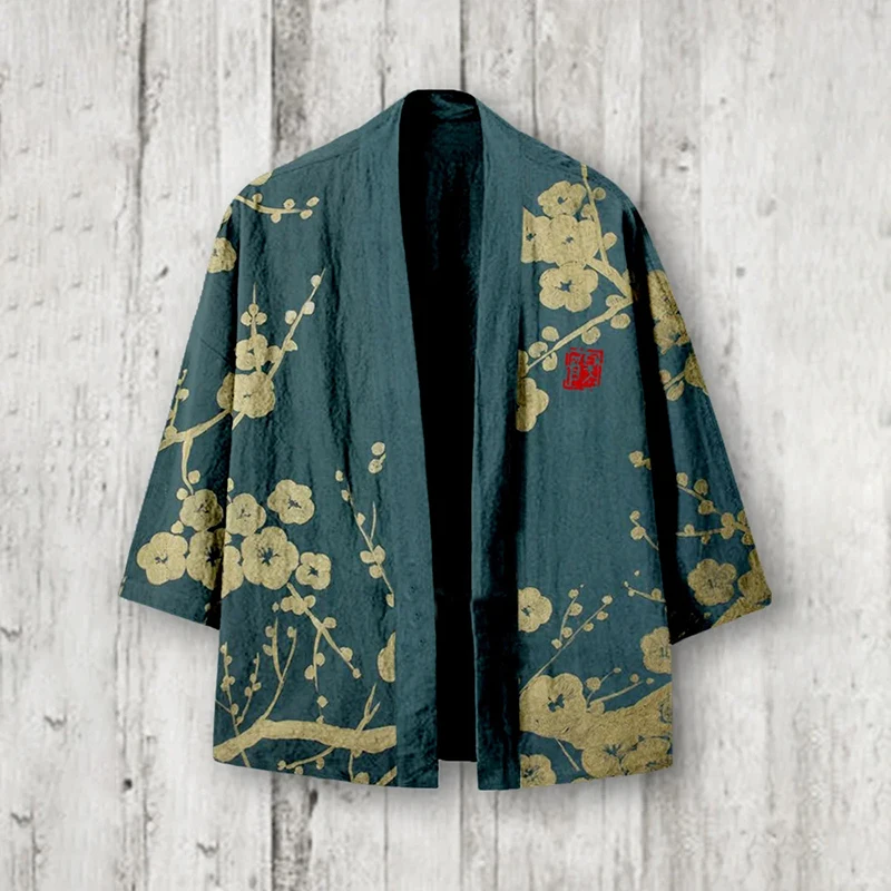 

Men's Elegant Kimono Cardigan with Flower Print Top High Quality Women Men Asian Clothing XS-6XL