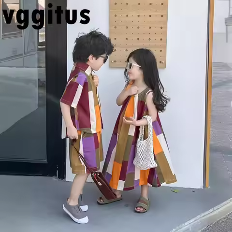2026 New Summer Brother and Sister Matching Outfits Girls Loose Irregular Colorful Grid Vest Skirt Boys Shirt Shorts Set H3943