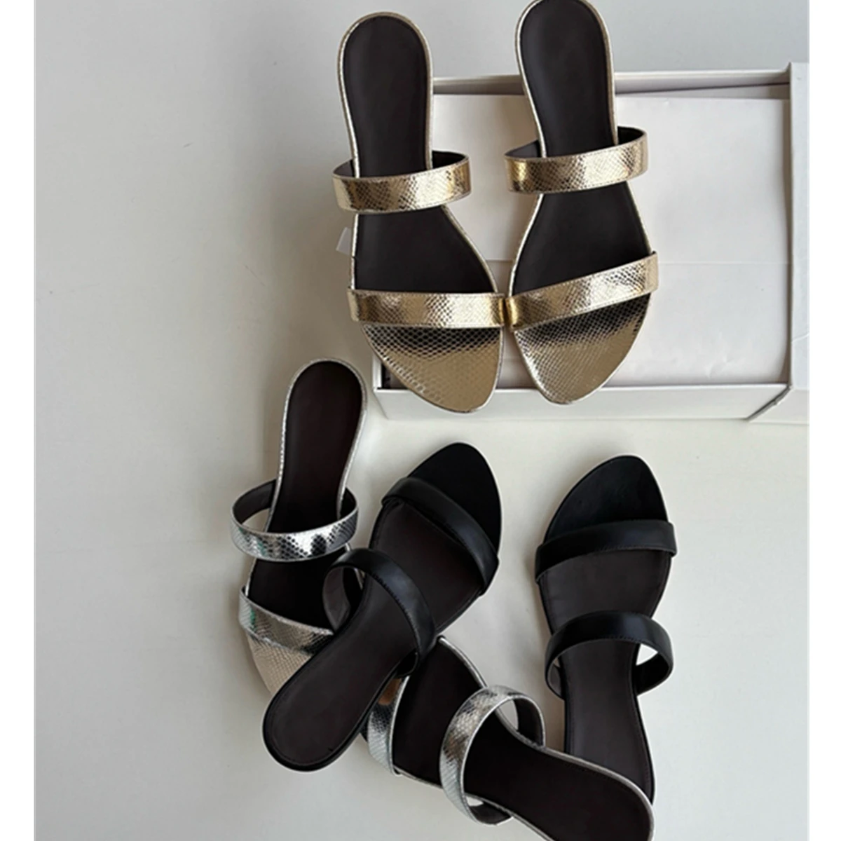 

Maxdutti Minimalist Women's Genuine Leather Slippers Metal Series French Sandals For Women Summer Sandals Shoes
