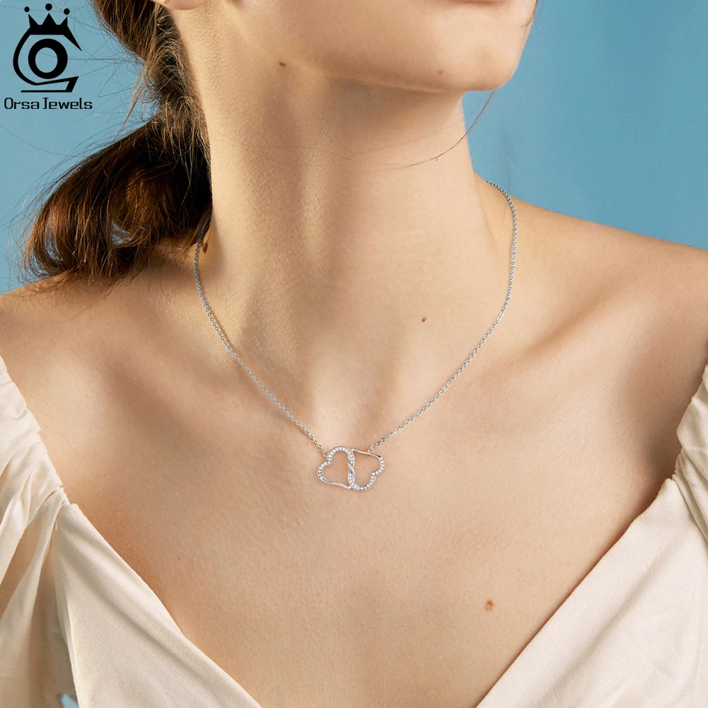 ORSA JEWELS 925 Sterling Silver Sparkling Double Heart Pendant Necklace Clavicle Chain for Women Valentine's Day Gift Jewelry