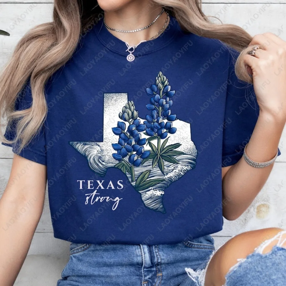 

Texas Strong Bluebonnet Wave Graphic T-Shirt Deep Navy Print Crew Neck Short Sleeve Casual State Pride Top For Women