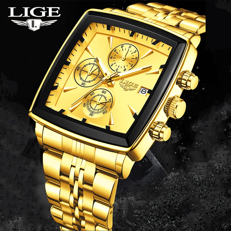 

LIGE Top Brand Luxury Men Watches Fashion Military Square Chronograph Quartz Wristwatches For Men Sports Waterproof Watch Men