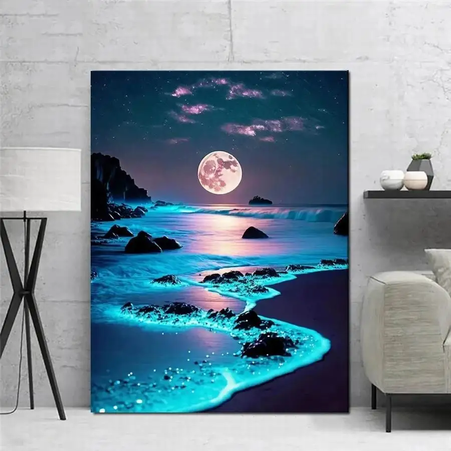 FULLCANG-pintura de diamante 5D Diy, paisaje de mar de luz de Luna, arte de diamantes de imitación completo, mosaico bordado, paisaje nocturno,