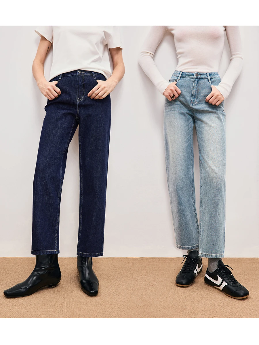 

Прямые джинсы с высокой талией, женские осенние джинсы с французским хлебом, маленькие размеры, четырехсторонние эластичные утягивающие брюки с девятью точками