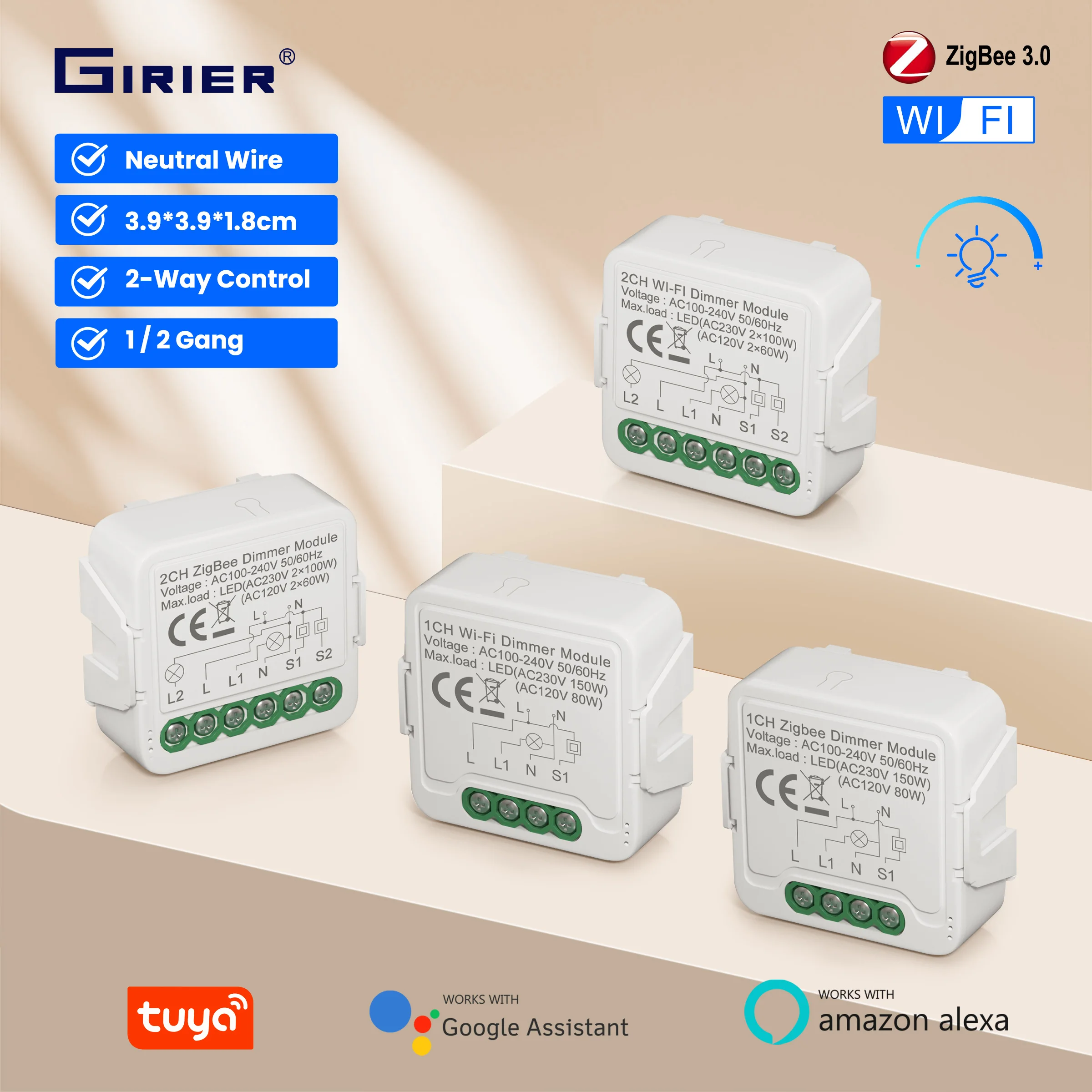 GIRIER 투야 스마트 와이파이 지그비 3.0 조광기 스위치 모듈 지지대, 양방향 제어 조광기 스위치, 알렉사 구글 홈과 호환 가능