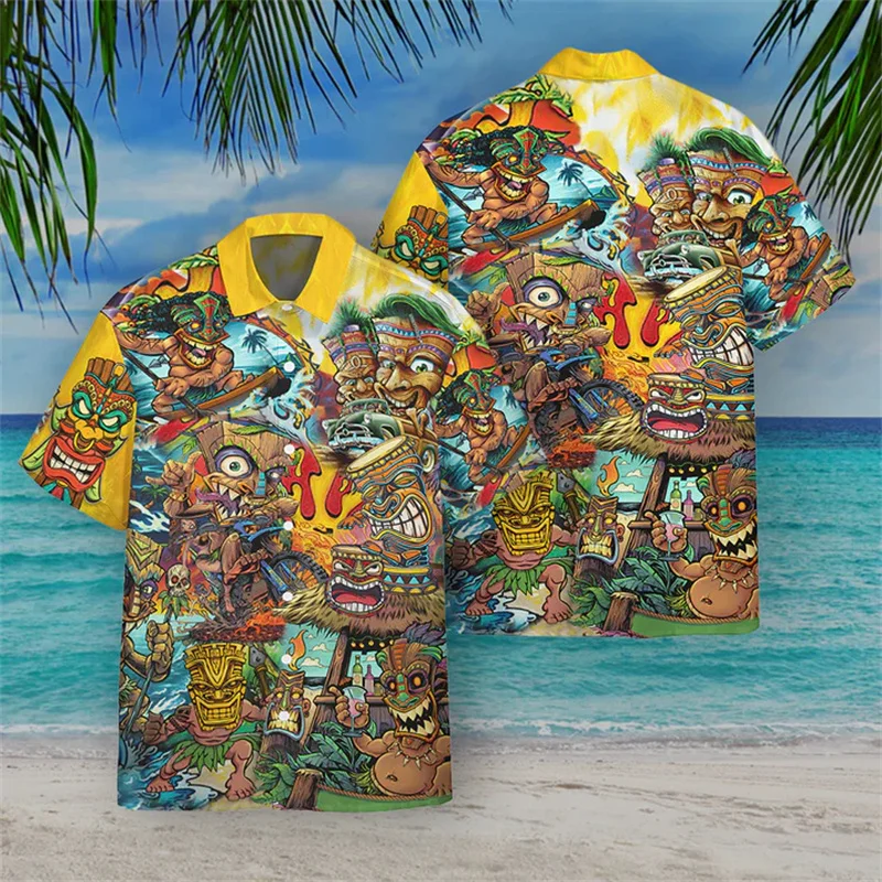Small Size Hawaiian 3D Tiki Printing Shirts For Men Kid Fashion Streetwear Shirts & Blouses Unisex Cool Lapel Blouse Mens Cloth