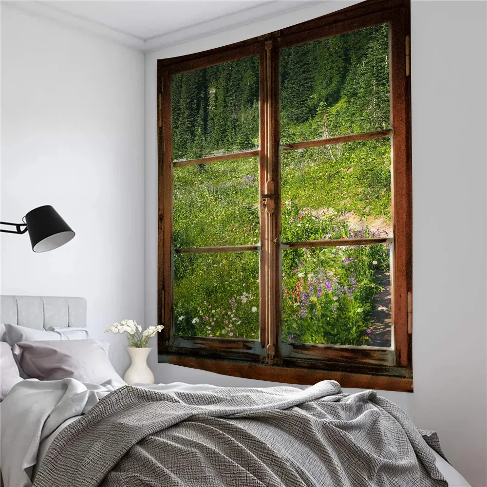 المناظر الطبيعية الخضراء نافذة نسيج الفن الطباعة الفن الخيال العلمي غرفة ديكور المنزل جدار ديكور فني #6