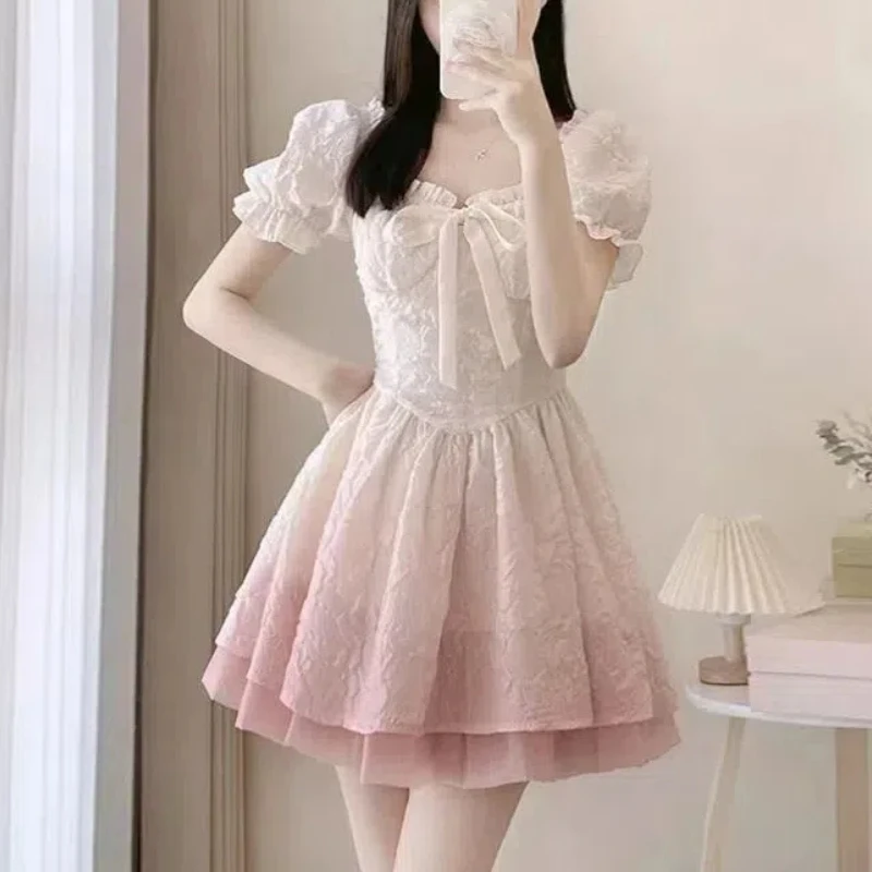 

New Sweet Fresh Lolita 2024 Summer Patchwork Square Collar Bow Gradient Pink Folds Fashion Casual Elegant Puff Sleeve Dresses