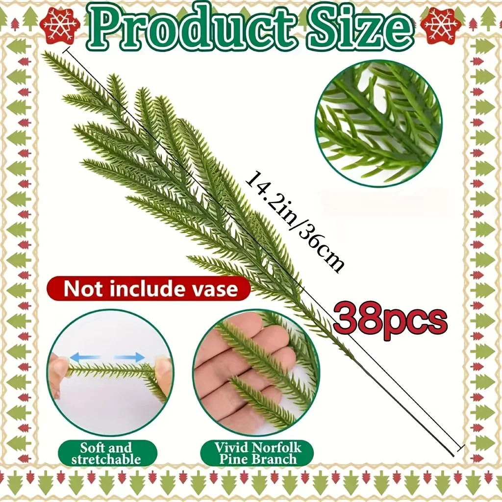 38 قطعة من فروع صنوبر نورفولك الاصطناعية اللمسية حقًا-13.38 بوصة سيقان كاذبة دائمة الخضرة، نباتات خضراء بلاستيكية متينة