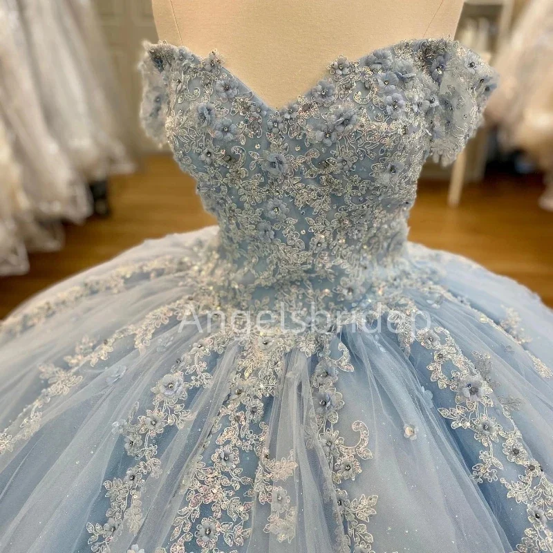 Angelsbridep Vestidos De Graduación Light Blue Appliques Princess Ball Gown Sweet 16 Quinceanera Dress  Evening Party Dresses