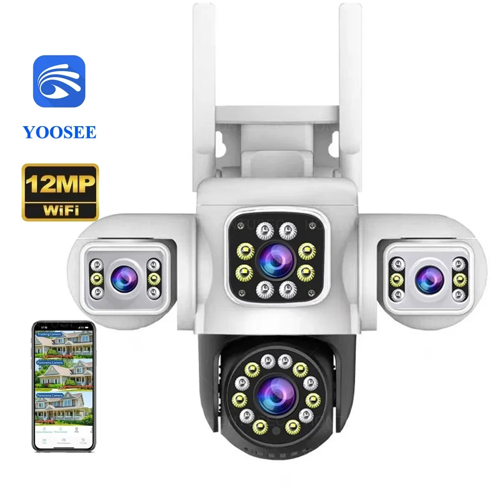 Yoosee 6K 12MP 3 Lens 3 Screens WiFi PTZ IP Camera Outdoor IP66 Waterproof Color Night Vision Auto Tracking Surveillance Cameras