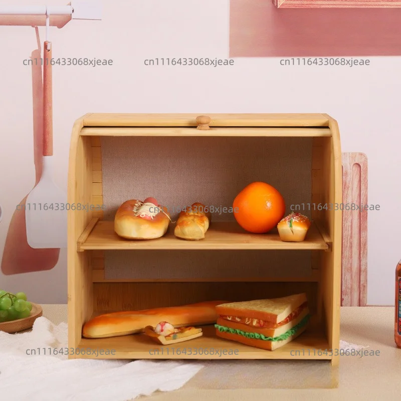 Bamboo bread storage box Double-layer food storage box Bamboo curtain baffle Household baking dim sum bread cabinet