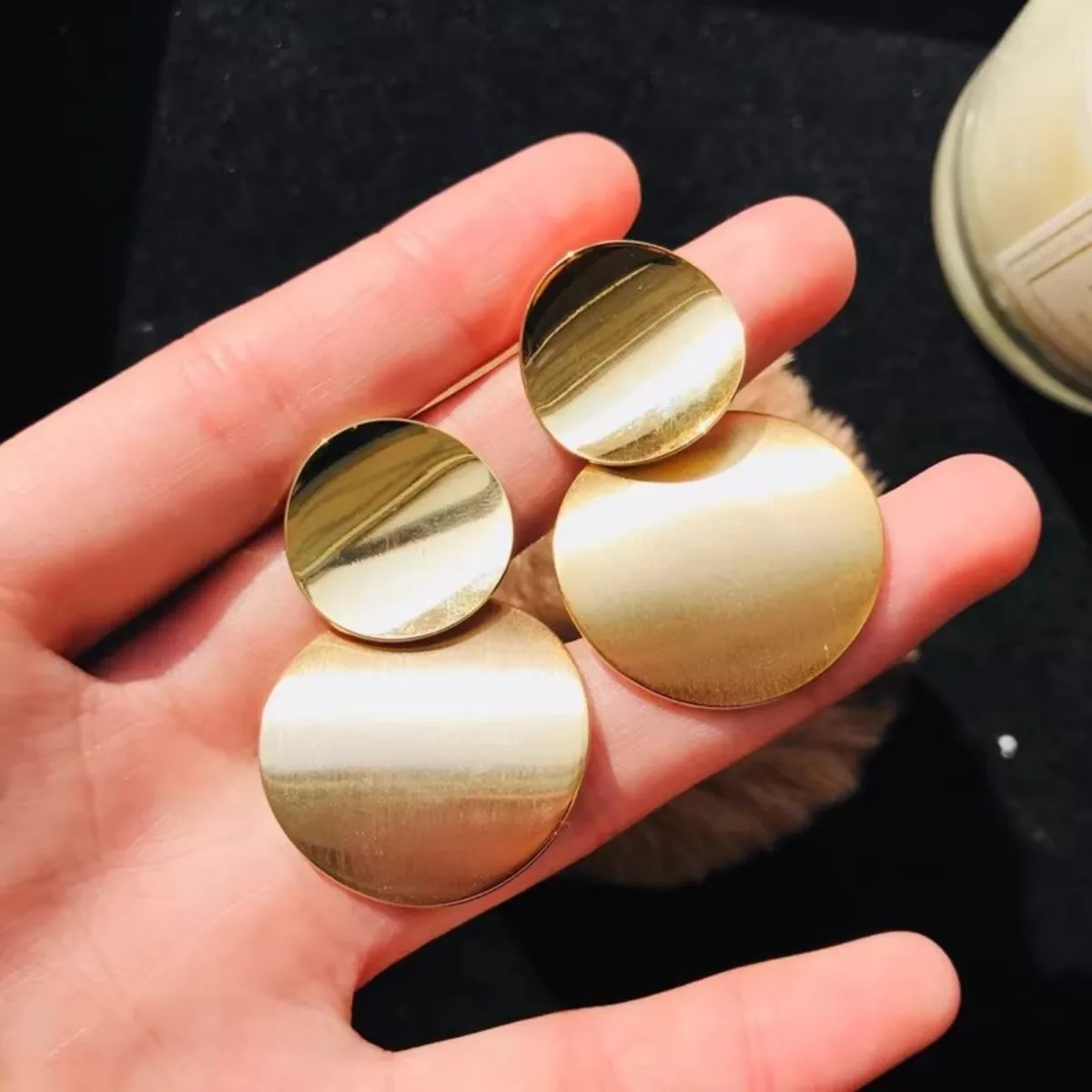 

double disc gold drop earrings minimalist statement trendy lightweight fashion jewelry for women
