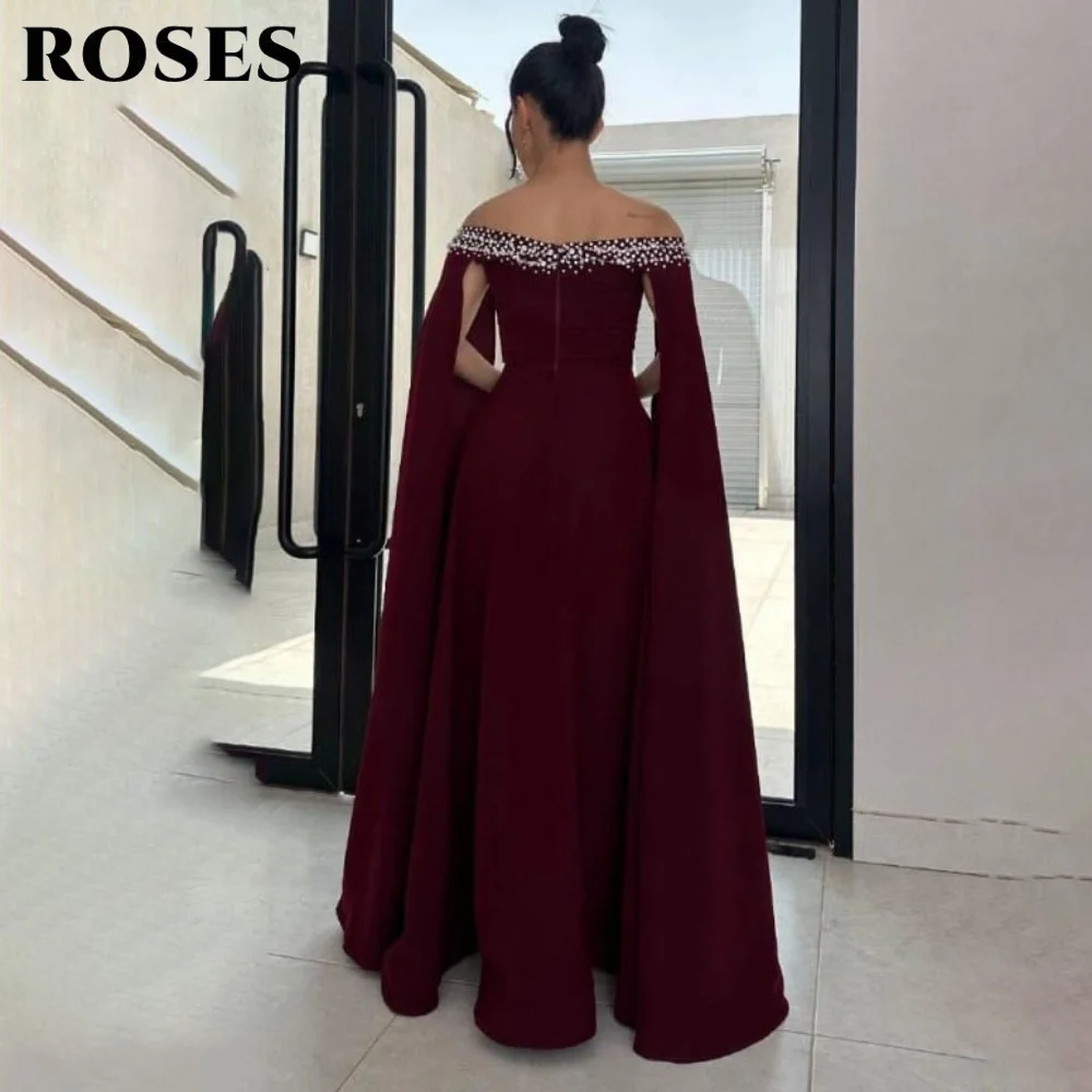 ROSES Burgundy Stain Trumpet Prom Dresses with Crystals Evening Dresses Off the Shoulder Party Dresses with Pleats Customized