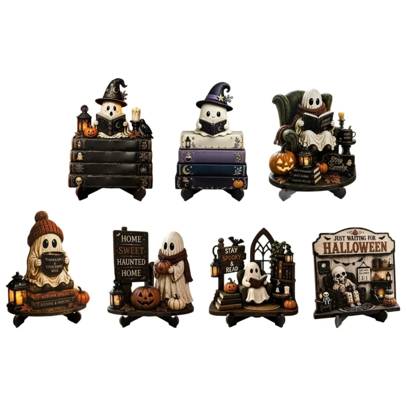 Hölzernes Halloween-Lesethema-Schild für Regalaufstellung, Herbstakzent für Bibliotheksecke und Inneneinrichtung 3XUF – Detail 9