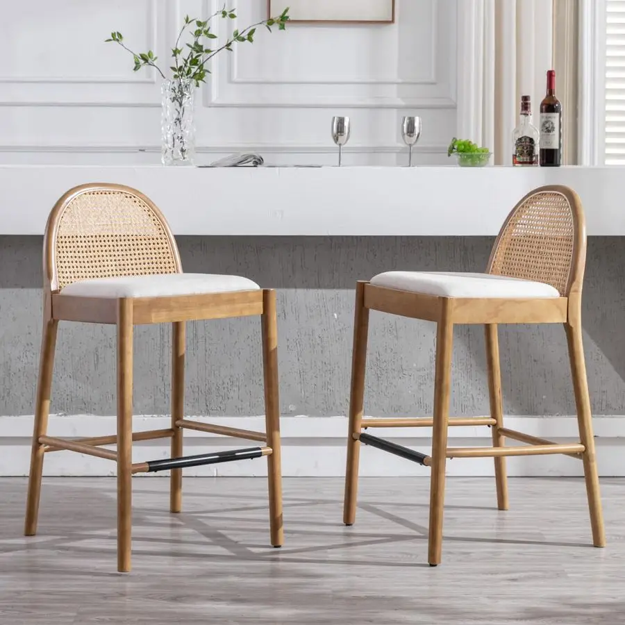 

Bar Stools Set of 2, 30 Inch Counter Height Rattan Back Linen Barstools Comfy Upholstered Bar Chairs with Wooden Legs for Kitche