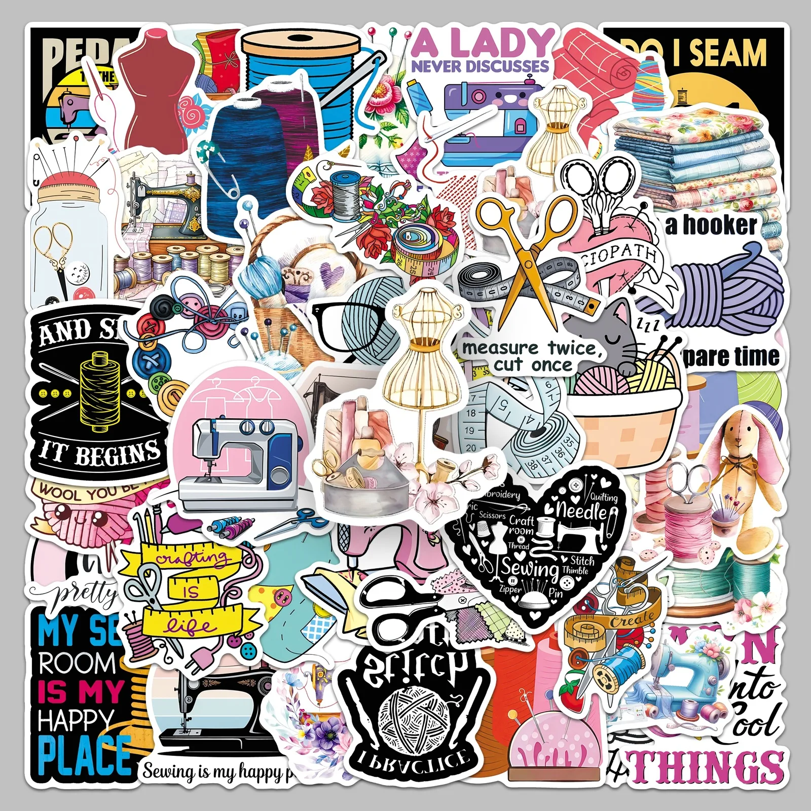 50pcs Vintage Sewing Craft Phone Stickers Pack Tailor Sew Machine Decals Funny Sewing Quote Sticker Set for Phone Case Laptop