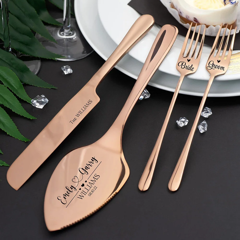 Custom Wedding Champagne Cake Cutting Set Anniversary keepsake for Mr&Mrs Stainless Steel Knife Shovel and Forks Party Gift